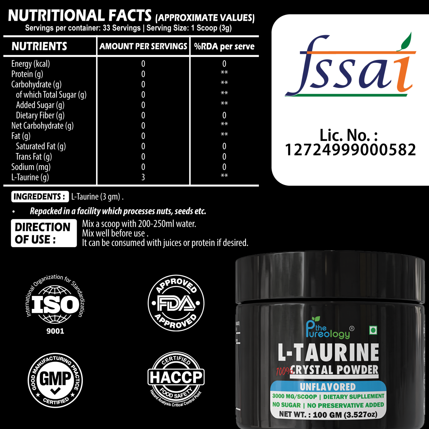 L-Taurine Unflavoured (100gm, 33 servings) L-Taurine Unflavoured (100gm, 33 servings)