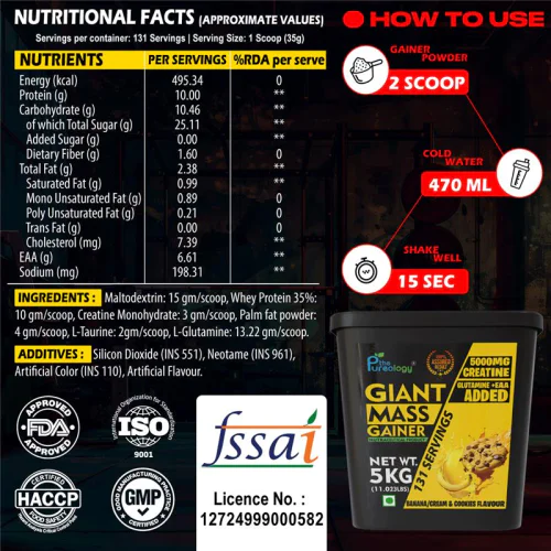 thepureology Giant Mass Gainer Weight Gainers Mass Gainers 5 kg, Banana Cream and cookies