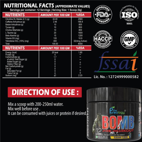thepureology BOMB Pre Workout Pre Workout  (100 g, Blueberry)