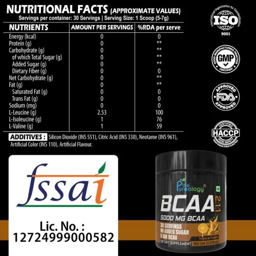 thepureology BCAA 5000mg 2:1:1 Supplement, Tropical Fusion  (150 g)