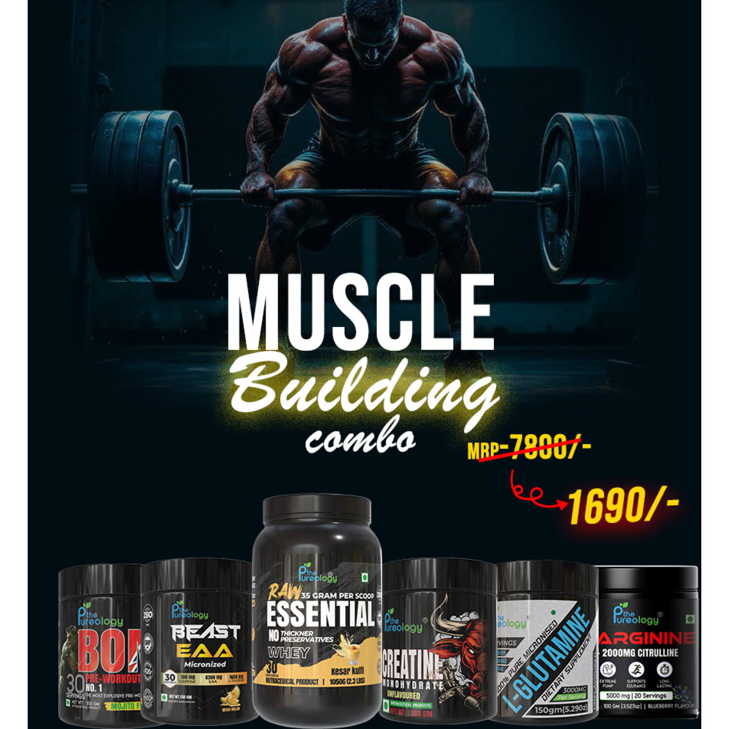 Muscle Building Combo ( Whey Protein 1 kg , 1 Creatine 150 gm ,1 Glutamine 150 gm, 1 Essential Amino 150 gm, 1 Pre-workout 150 gm, L-Arginine)